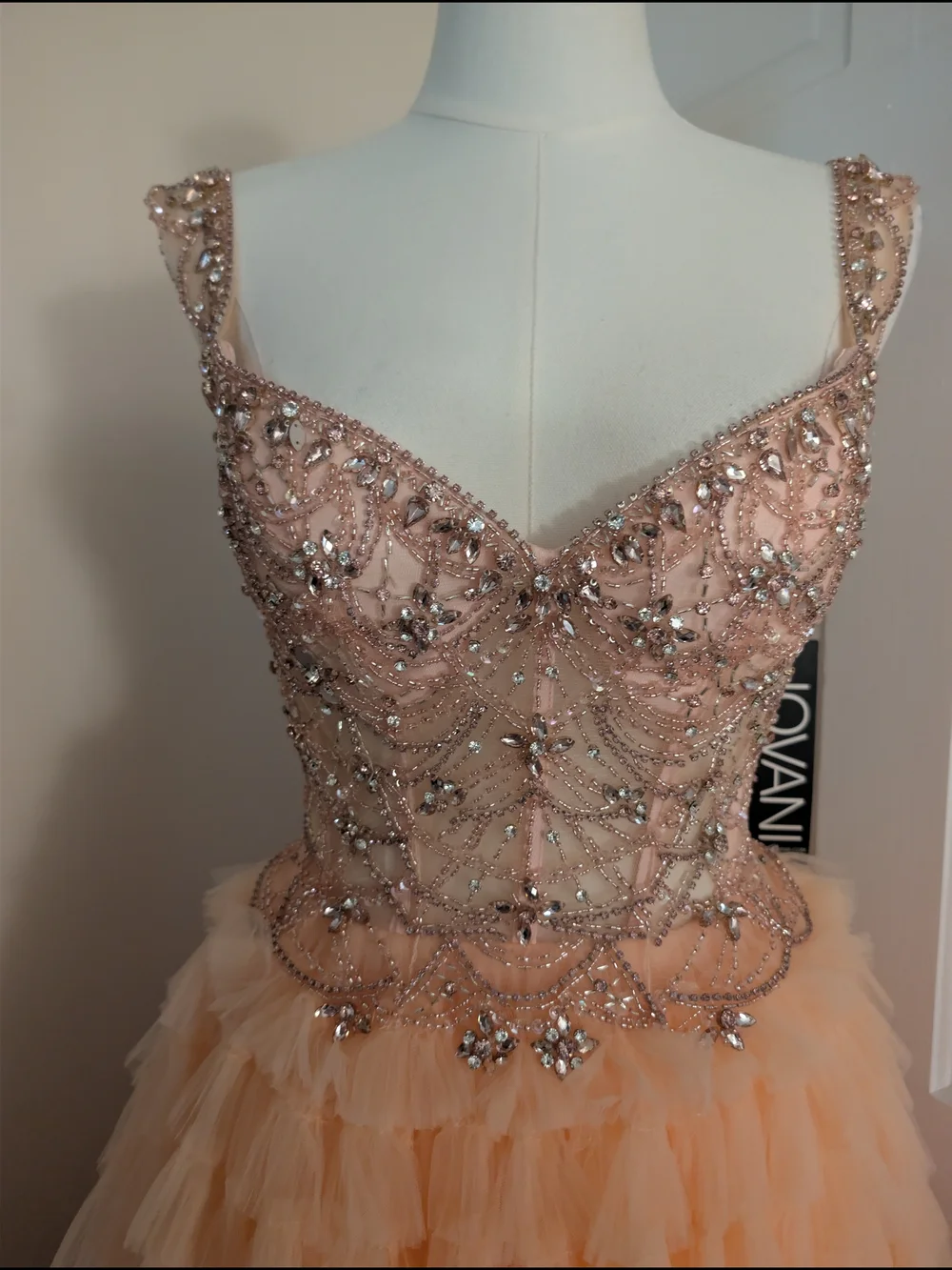 Jovani Blush Pink/ Peach Beaded Corset Tulle Ruffled Ball Gown Prom Dress 0